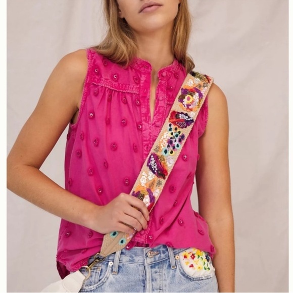 Anthropologie Pilcro Adira Beaded Button Down Hot Pink Top Women’s Size Medium - Picture 1 of 6